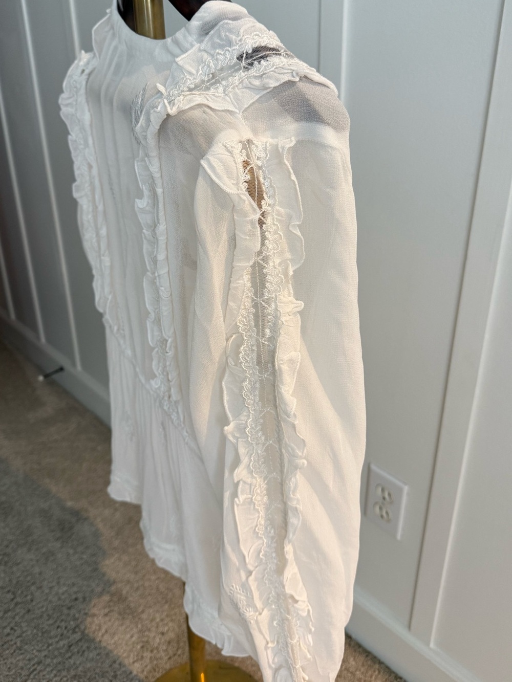 CHAN LUU WHITE SHEER PAISLEY LACE RUFFLE TRIM SILVER BELL TIES ROMANTIC BOHO TOP - Picture 14 of 15